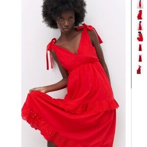 Zara Red Openwork Embroidered Midi Dress, XS, like new